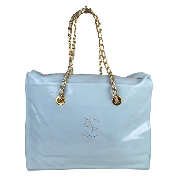 XL LA SALAMANDRA BABY BLUE PVC CHAIN HANDLES BEACH BAG TOTE SHOULDER BAG PURSE - Picture 1 of 16